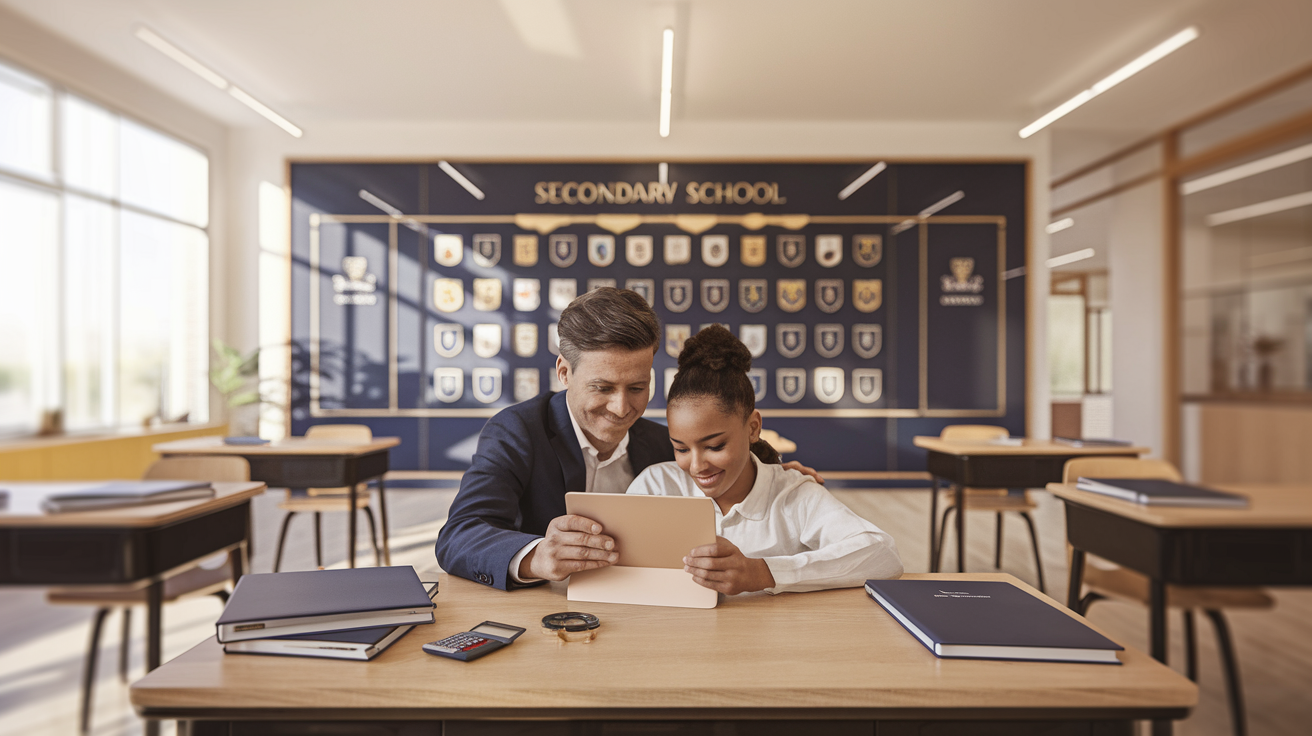 Parent and child focused on tablet in warm, modern classroom with academic materials.