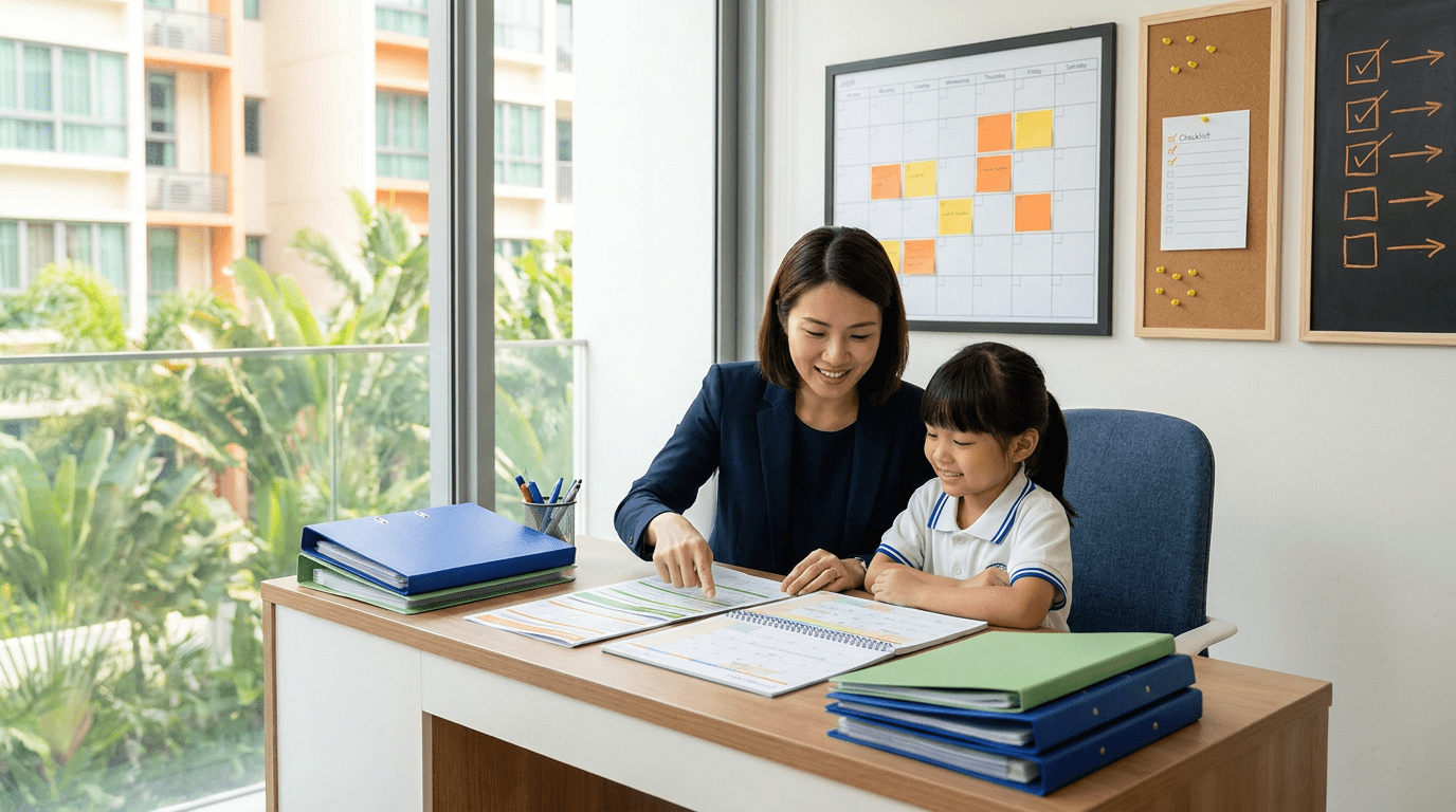 Parent and child in Singapore reviewing school registration at a modern desk.