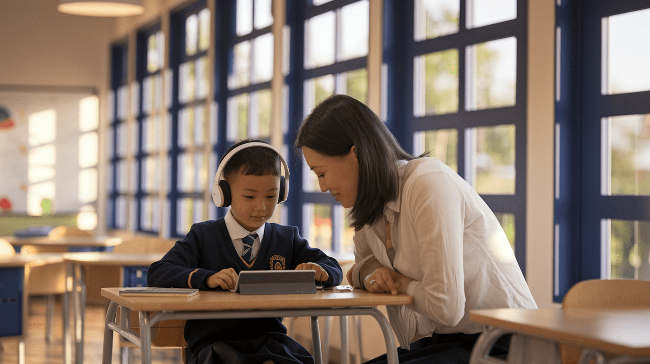 Parent and student in a sunny Singapore classroom, focused on a digital device.