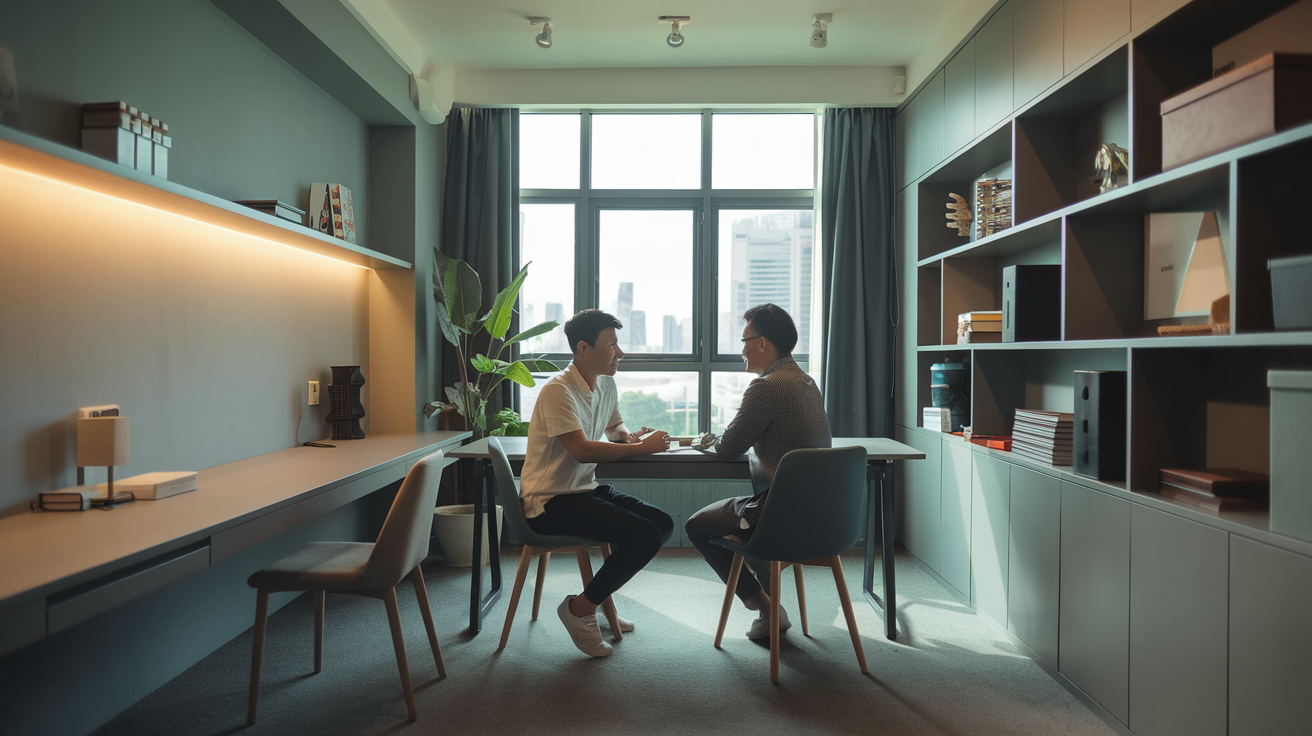 Parent and student share a moment in a Singapore study room with warm lighting and skyline view.