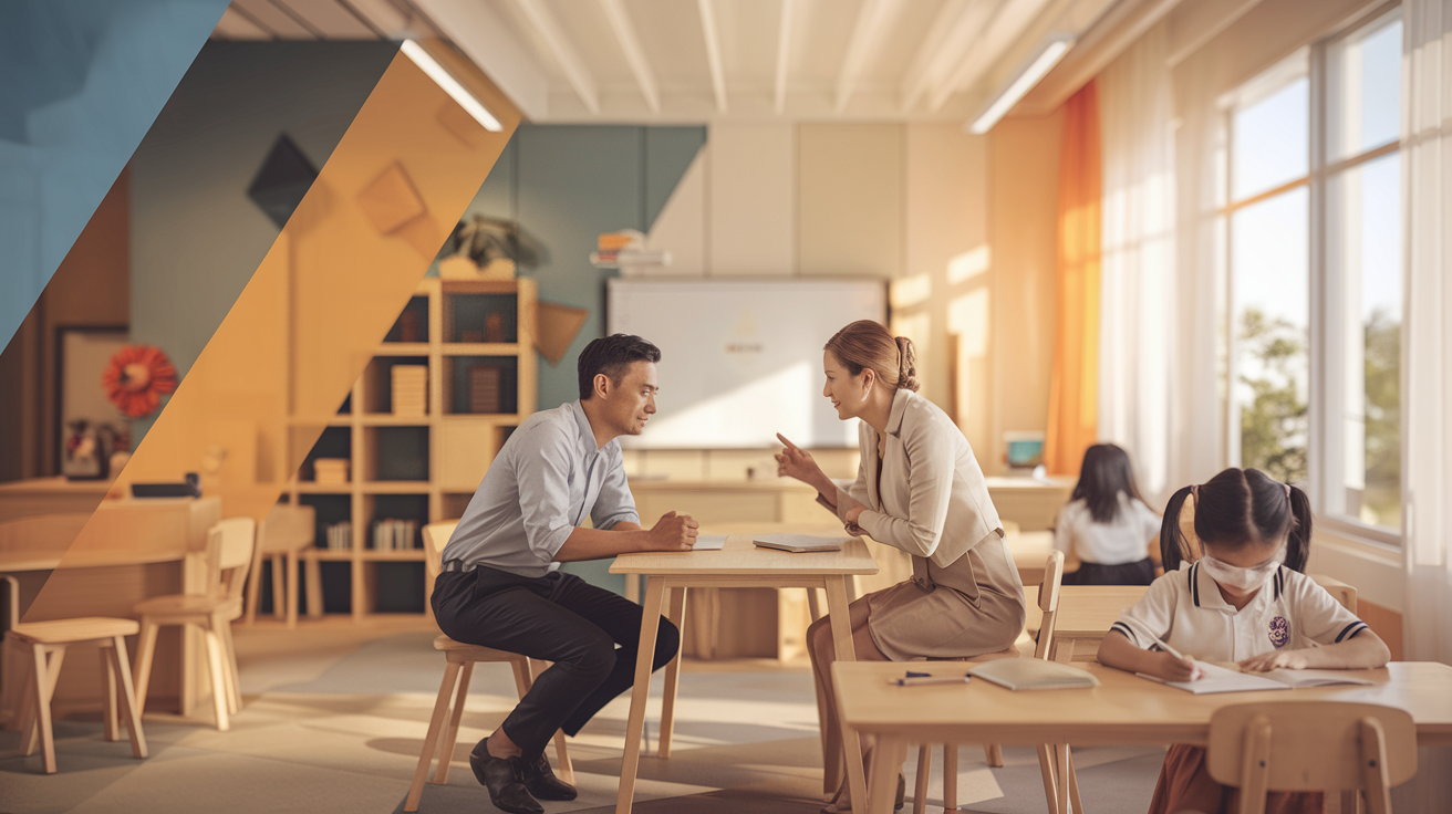 Parent and teacher collaborate in a modern classroom with natural lighting.