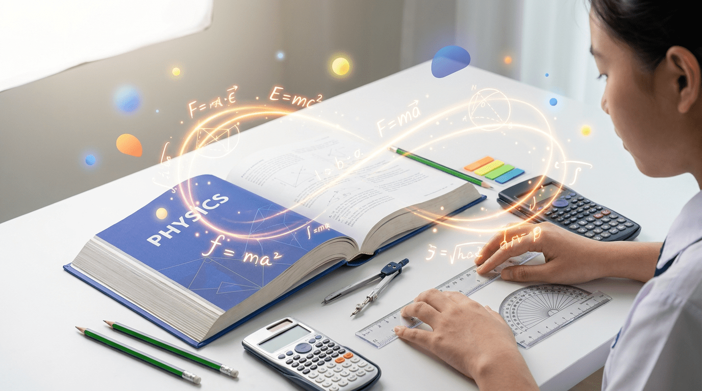 Physics textbook with tools on desk, glowing symbols, student's hands, vibrant colors.