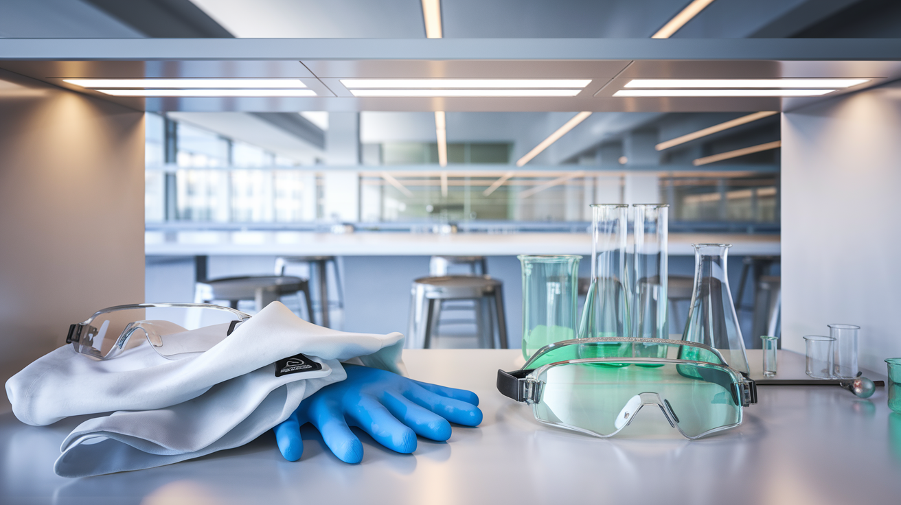 Pristine lab with safety gear, modern Singapore classroom blurred in background.