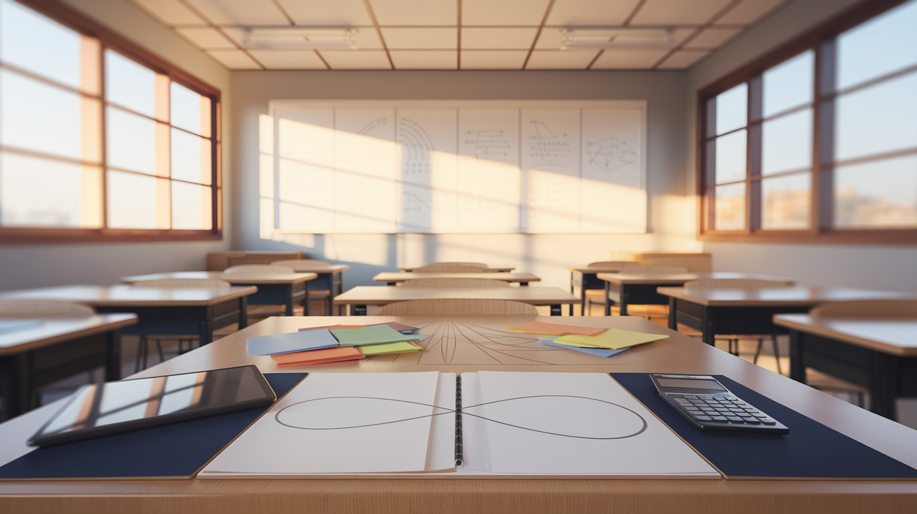 Serene classroom with warm light, modern whiteboard, desk with study materials.