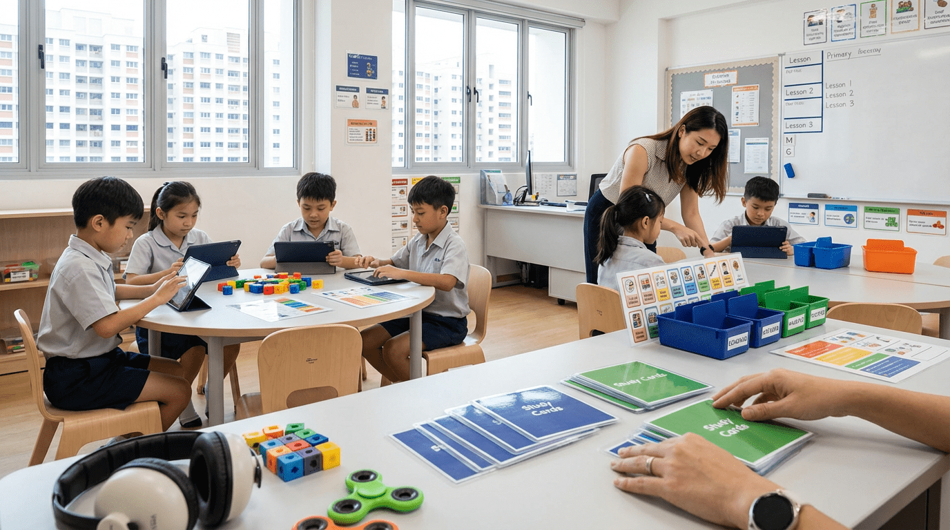 Singapore classroom with diverse students, teacher, vibrant learning tools, natural light.