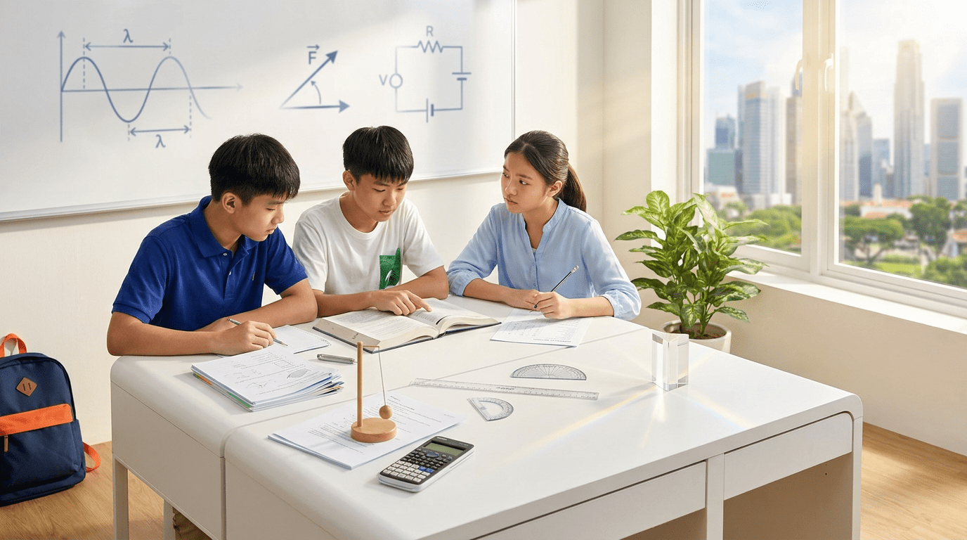 Singapore classroom with focused students studying physics at a sleek desk.