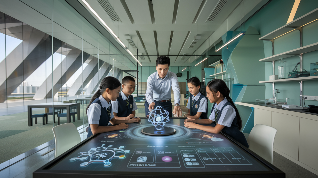 Singapore classroom with glass walls, teacher and students around high-tech lab table, exploring 3D atom model.