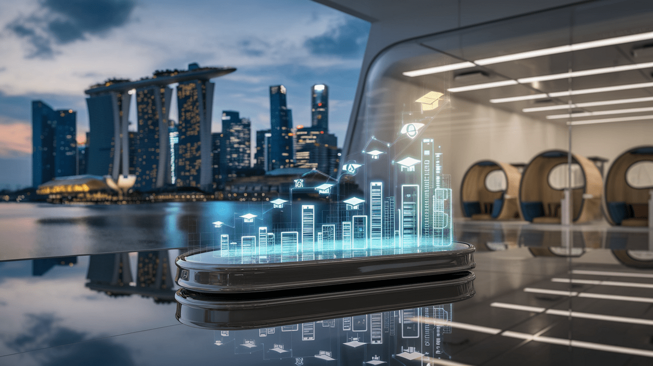 Singapore Marina Bay skyline at dusk with glass desk, holographic education graphs, modern classroom.