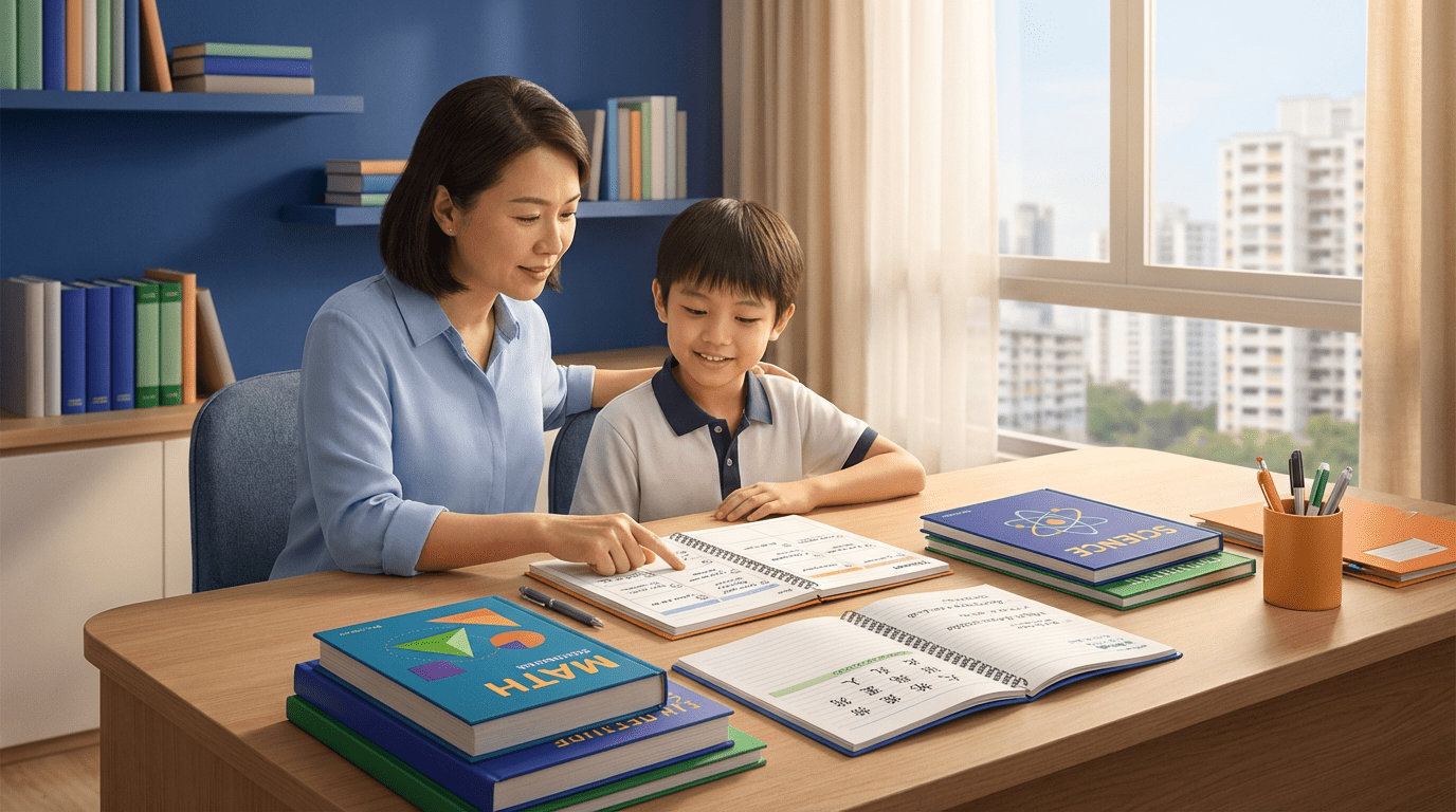 Singapore parent and child at study desk with textbooks, planner, city view.