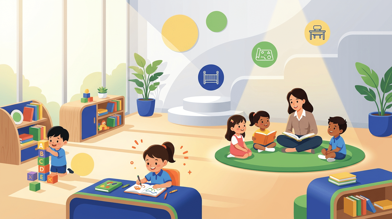 Singapore preschool classroom with diverse children learning, staircase metaphor for growth.