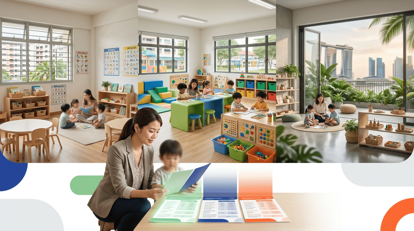 Singapore preschool cost comparison: MOE, mid-range, and premium classrooms in a triptych layout.