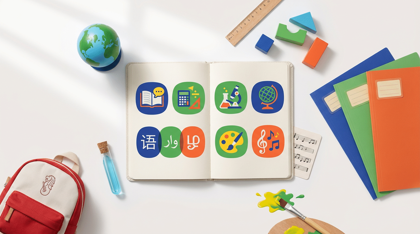 Singapore primary school curriculum with colorful icons, learning props, and a child's backpack.