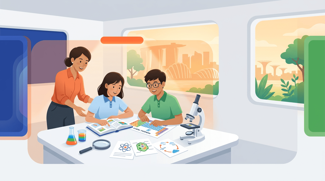 Singapore science class with teacher guiding students at desk with books, beaker, microscope.
