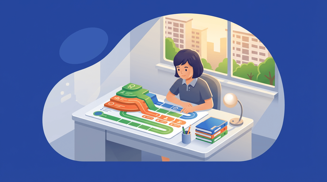 Singapore student at desk studying colorful academic chart in modern, bright room.