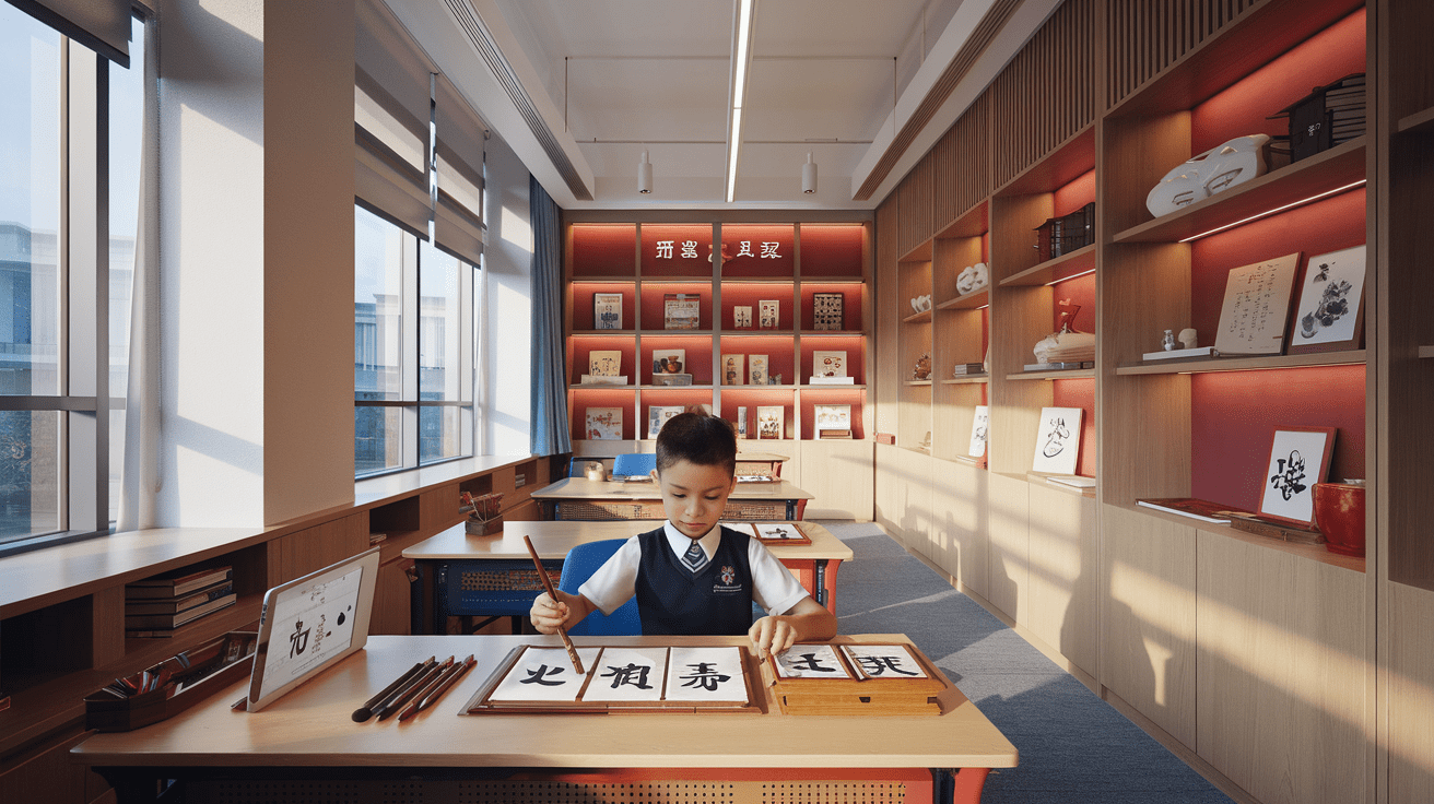 Singaporean classroom with a student practicing Chinese calligraphy amid modern and traditional decor.