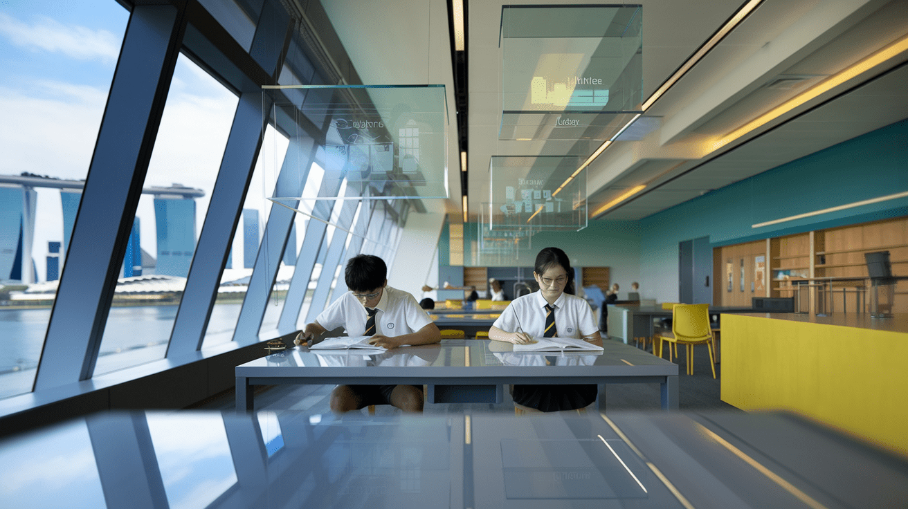 Singaporean classroom with Marina Bay Sands view, students study math and literature.