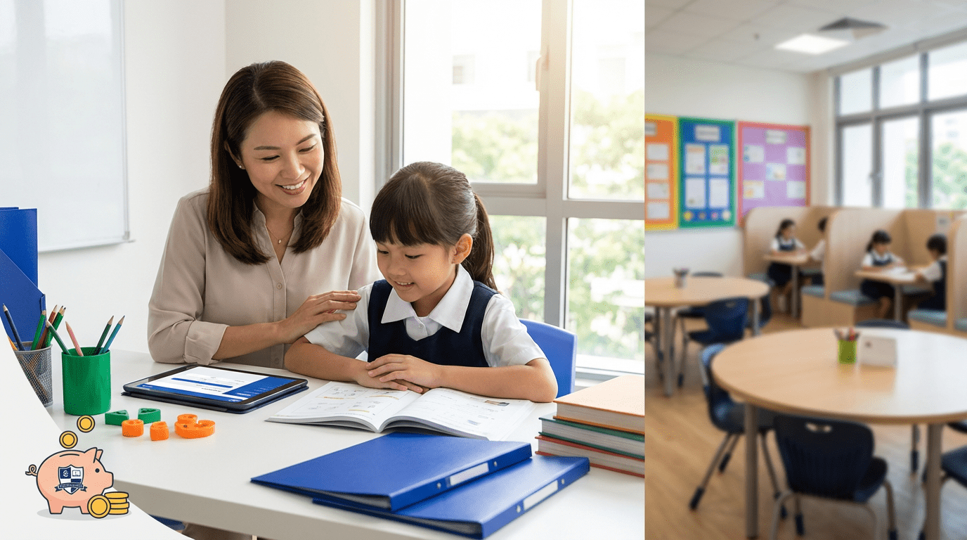 Singaporean mother guides child at tuition center, bright setting, educational focus.