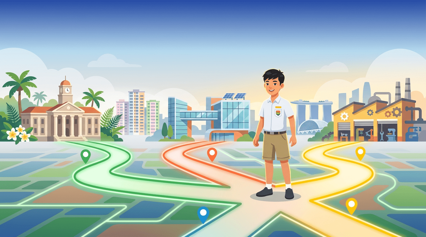 Singaporean student at crossroads with paths to college, polytechnic, vocational institute, vibrant urban backdrop.