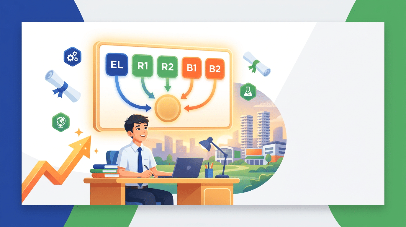 Singaporean student at desk with glowing infographic, cityscape, rising graph, and diploma icons.