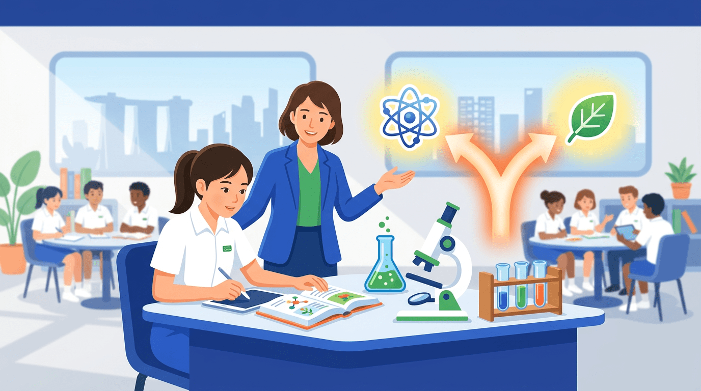Singaporean student in a modern classroom, studying science with a glowing decision pathway motif.