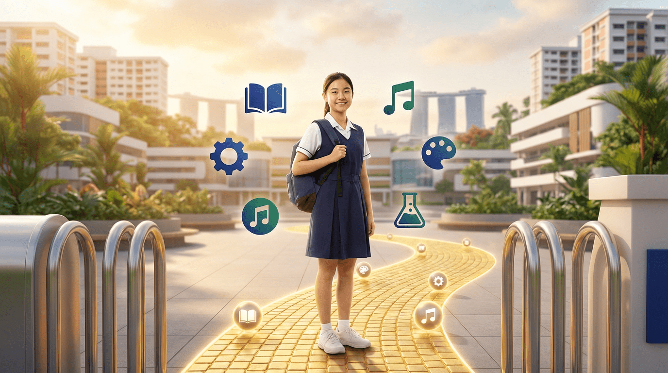 Singaporean student in uniform stands confidently in modern campus, surrounded by academic symbols and iconic architecture.