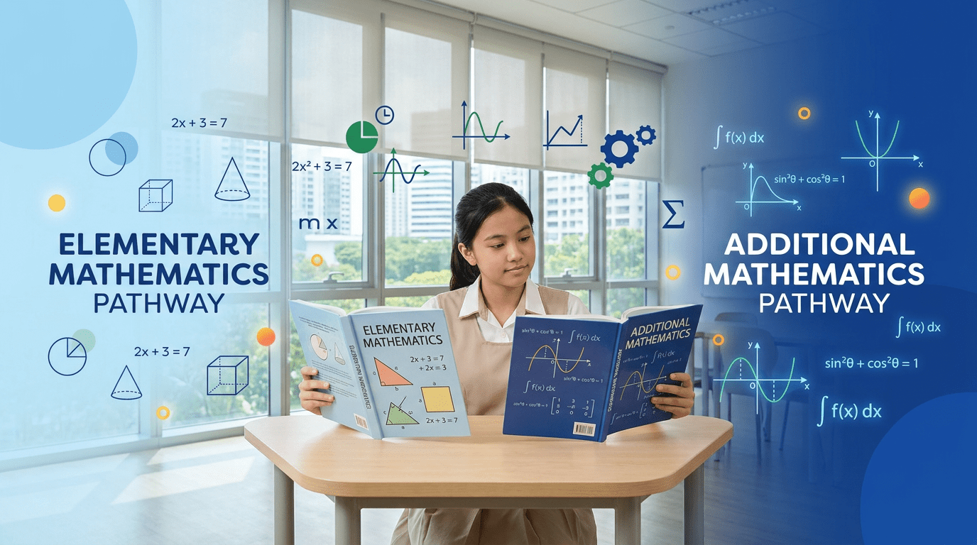Singaporean student in uniform studies math in a bright classroom, split between elementary and advanced concepts.