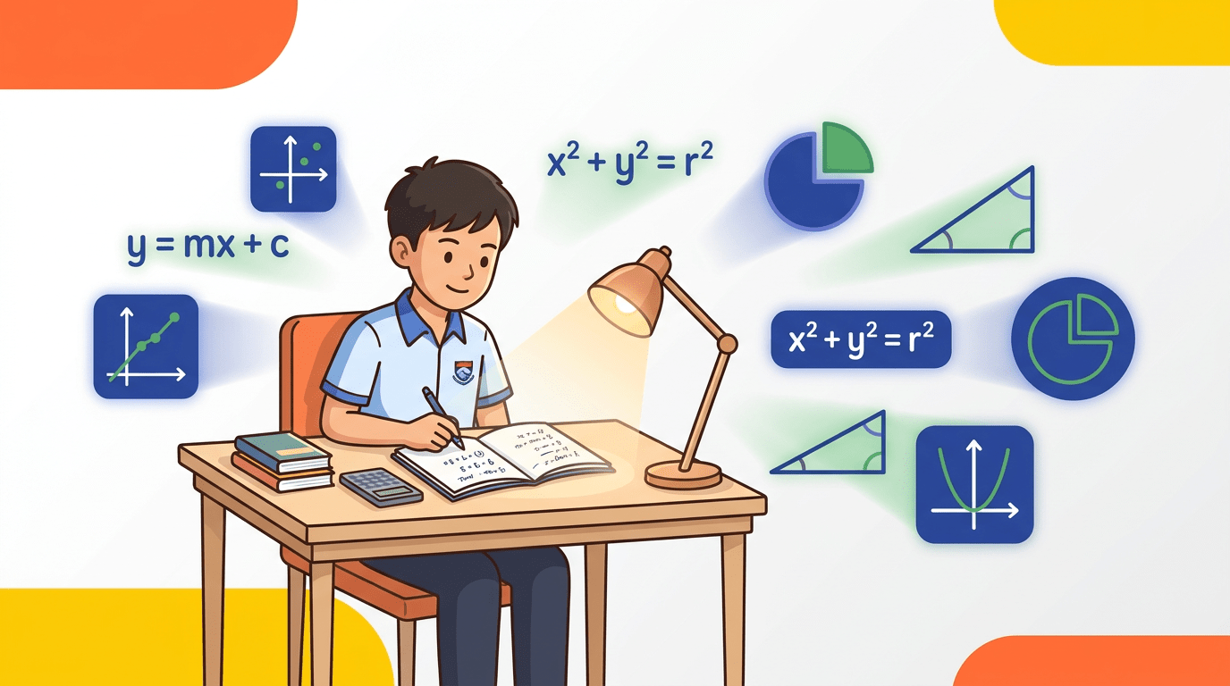 Singaporean student solving math at desk with floating geometric icons and equations.
