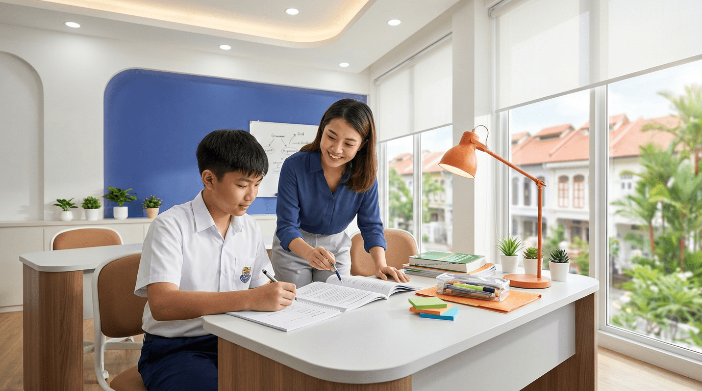 Singaporean teen in school uniform studies English with a tutor in a bright, modern classroom.