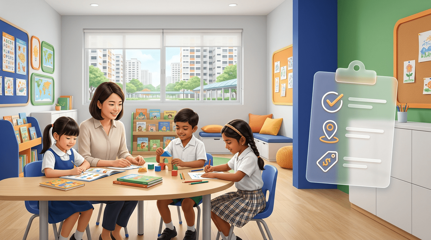 Smiling female teacher with diverse children in a bright Singapore classroom, focused on activities.