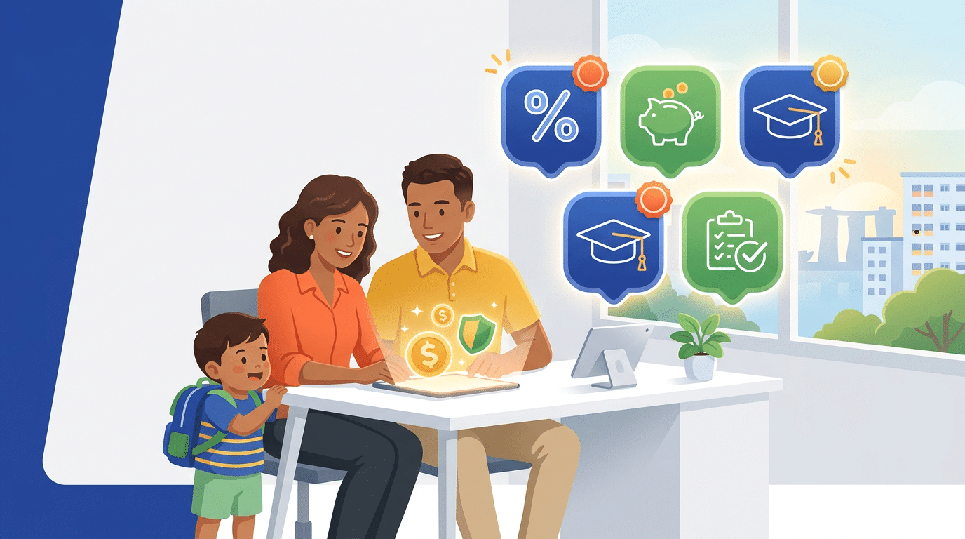 Southeast Asian family reviewing finances at home, toddler with backpack, Singapore skyline.