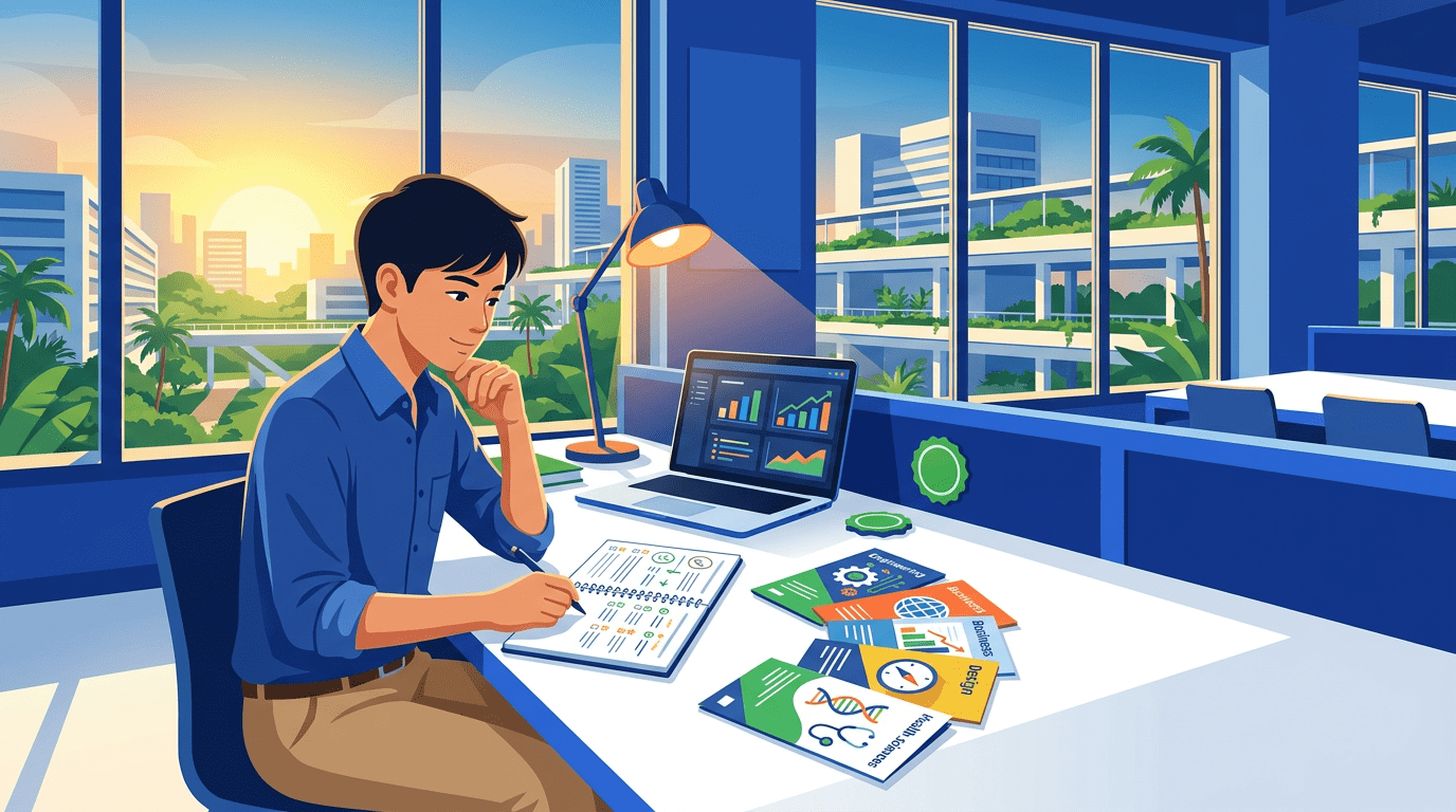 Southeast Asian student at study desk with notebooks, brochures, laptop, and Singapore skyline.