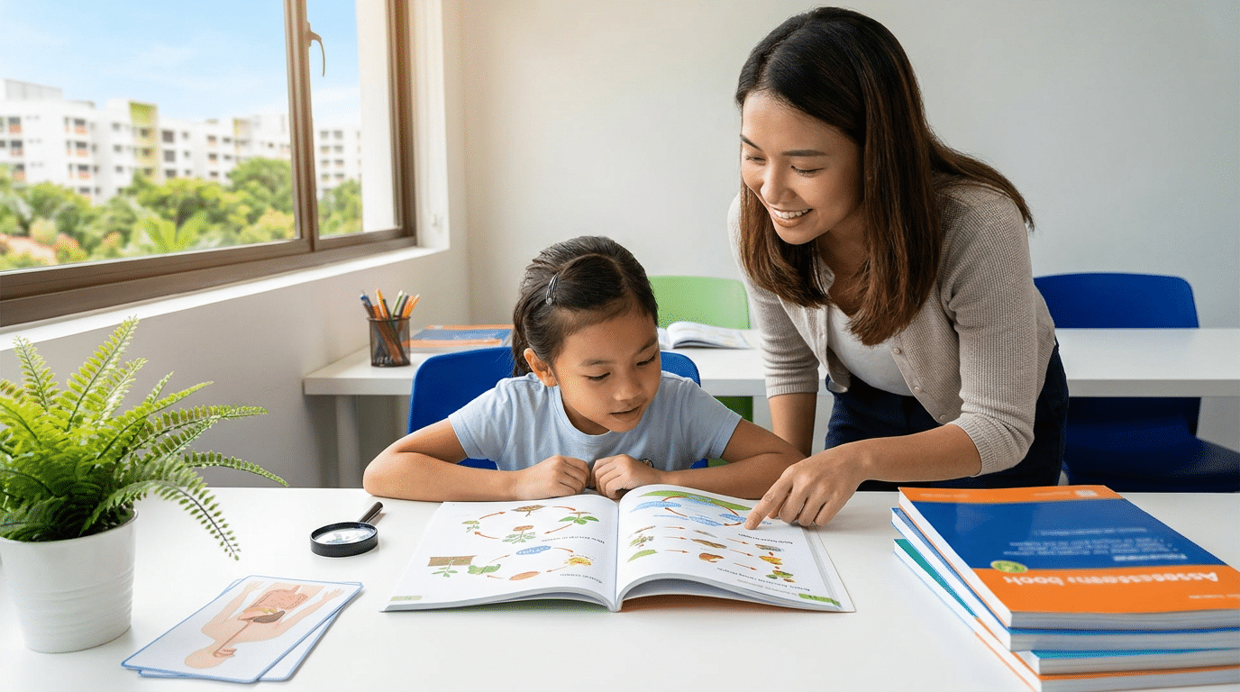 Southeast Asian student in Singapore classroom, focused on a science workbook with a tutor's guidance.