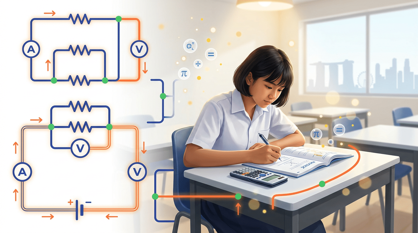 Southeast Asian student studies physics with circuits at a Singapore tuition center.