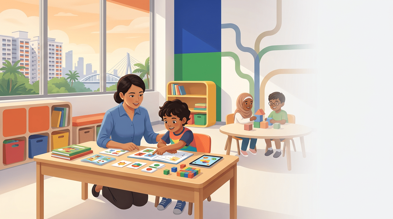Southeast Asian teacher guides child at colorful Singapore classroom desk with urban skyline view.