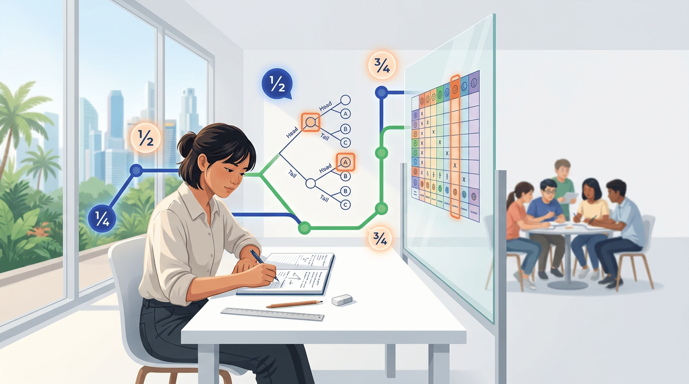 Southeast Asian teen studies at a desk with a probability diagram, vibrant classroom, urban view.