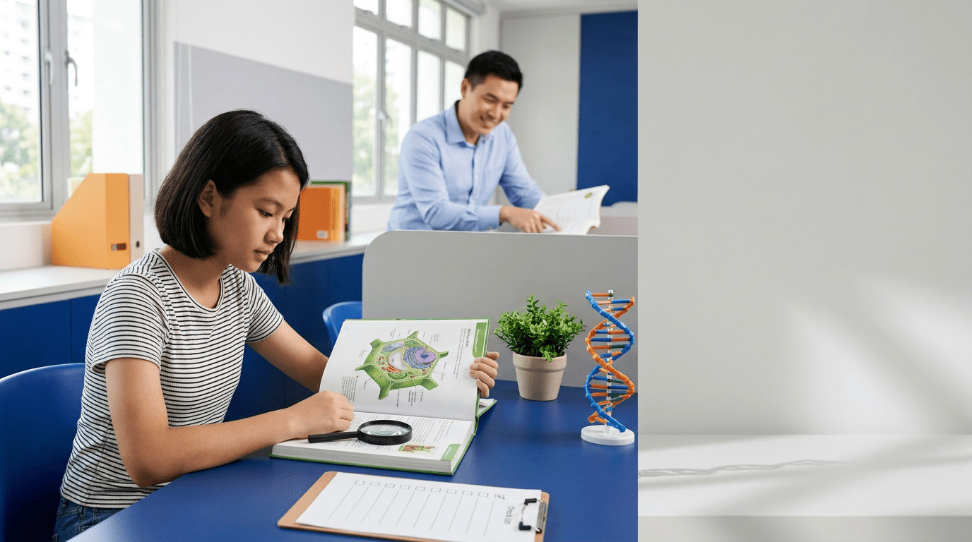 Southeast Asian teen studying biology at a bright desk with a tutor's guidance.