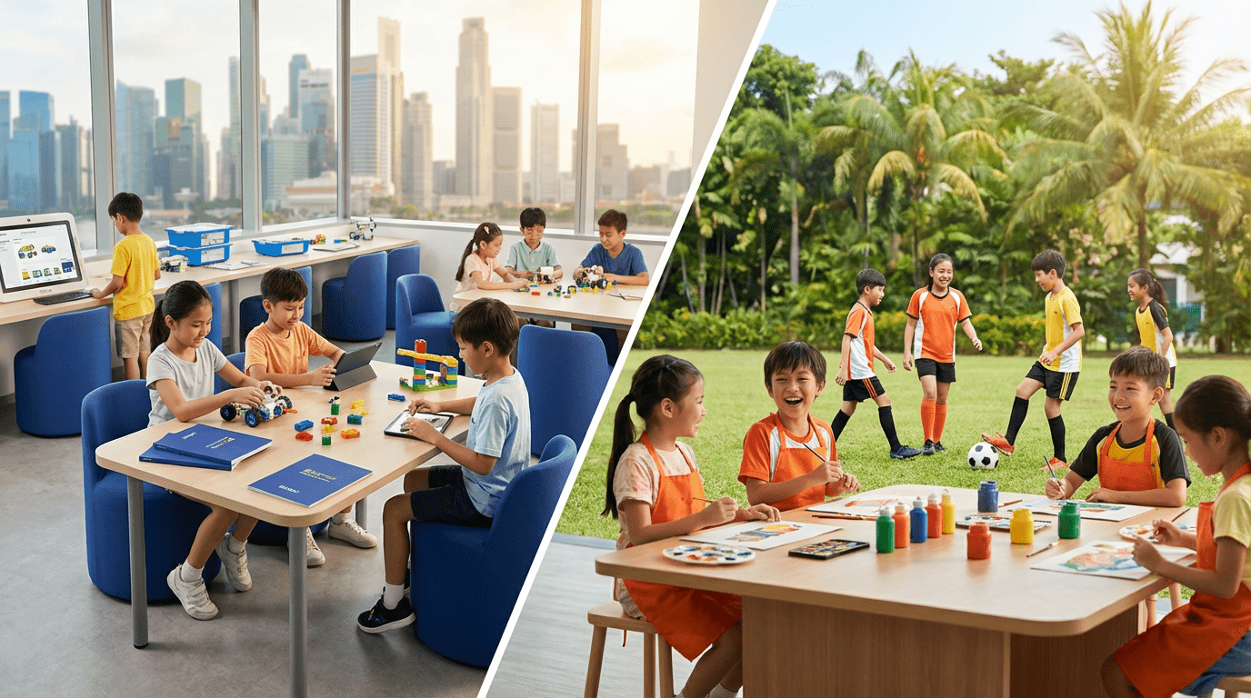 Split-screen of kids in STEM classroom and outdoor camp activities in Singapore.