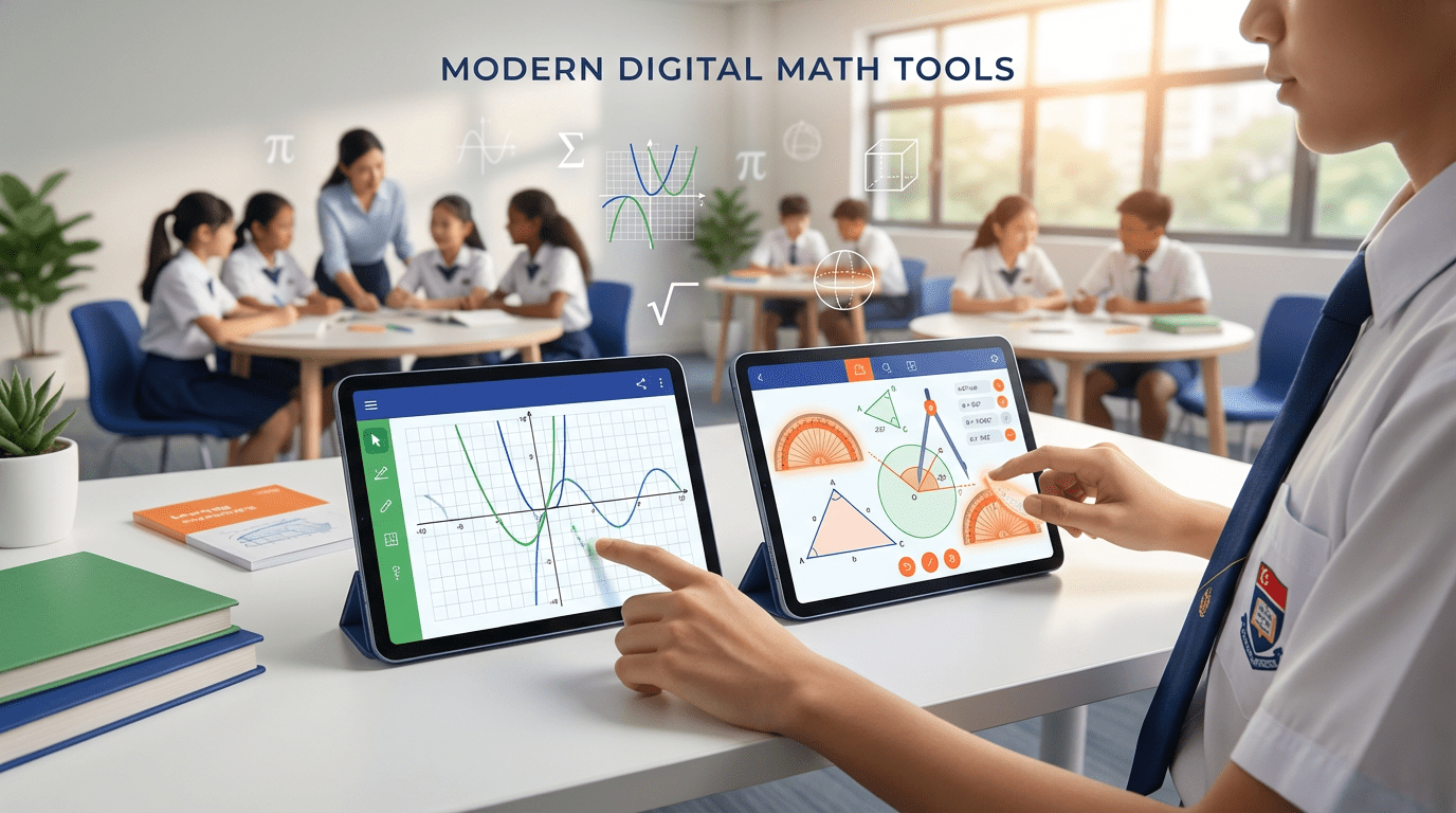 Student in Singapore uniform using digital math tools on tablets in modern classroom.