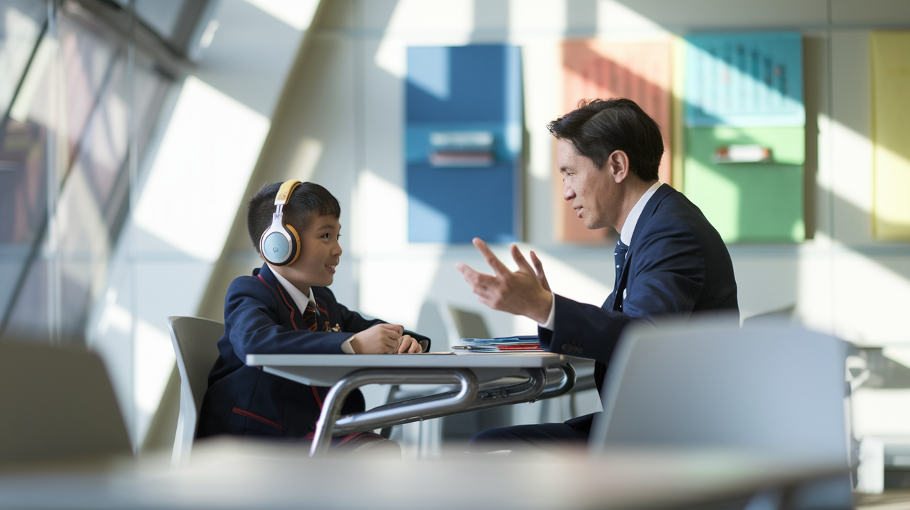 Student in Singapore uniform with headphones, engaged with tutor in bright modern classroom.