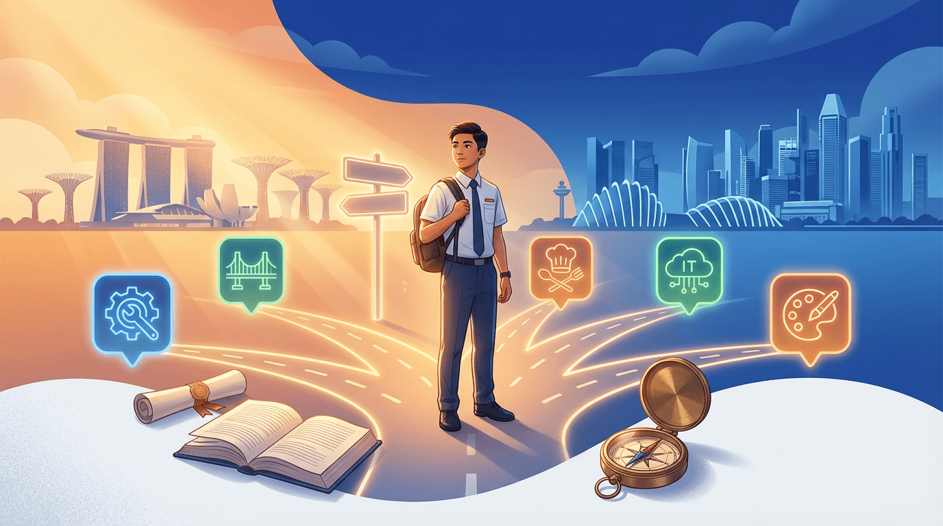Student in uniform at crossroads in Singapore, glowing paths symbolize career choices, cityscape backdrop.