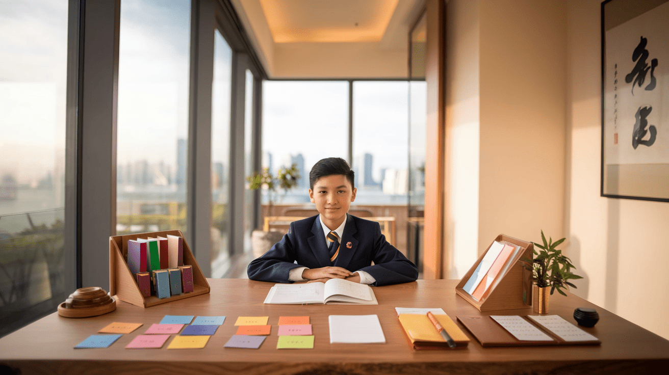 Student in uniform studies at a sunlit wooden desk with flashcards, skyline view.