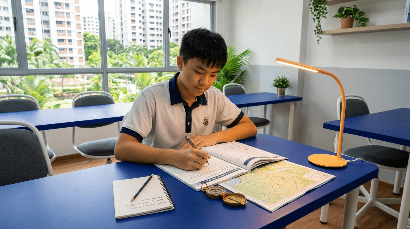 Student writing in a geography workbook at a modern Singapore classroom desk with maps.