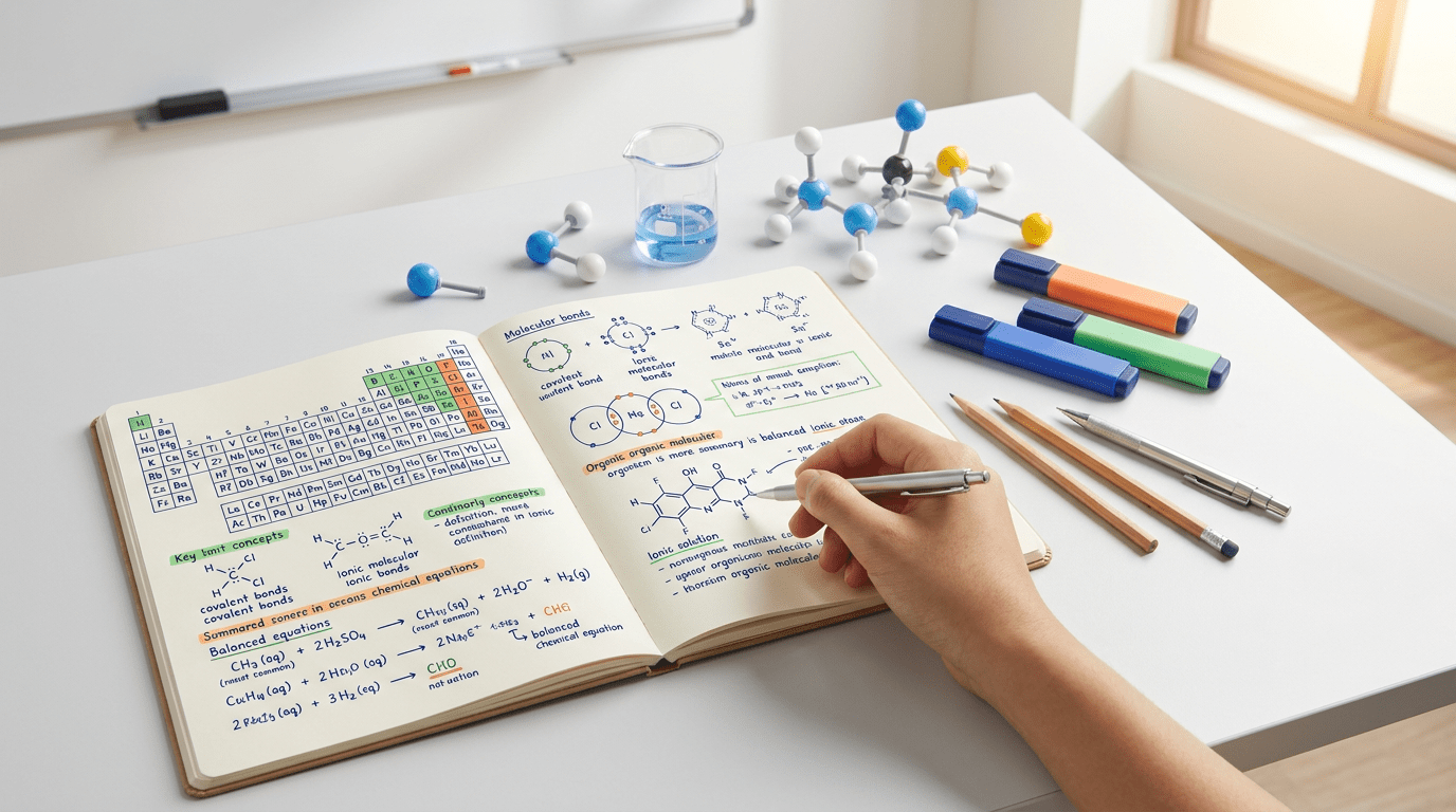 Student's hand revising chemistry with a color-coded notebook, beaker, and molecular model.