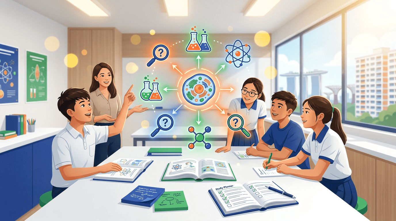 Students in a Singapore classroom study science with holographic display, teacher guiding.
