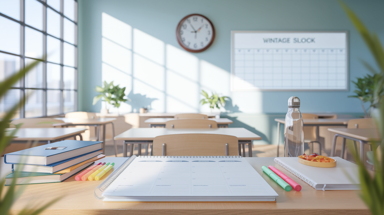 Sunlit minimalist classroom with organized desk, study planner, and soft educational tones.