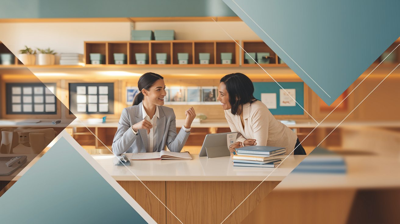 Teacher and parent converse in modern Singaporean classroom with natural light.