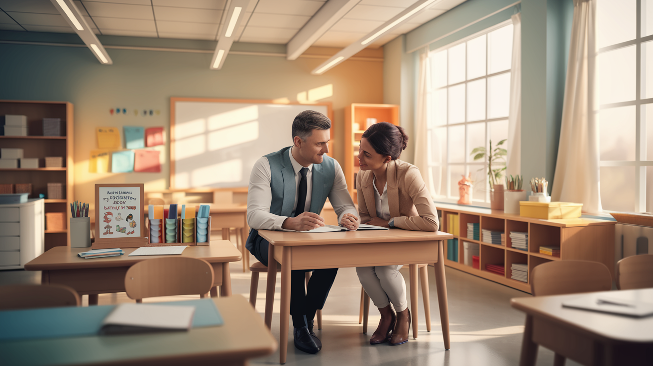 Teacher and parent engaged at desk in modern, inviting classroom.