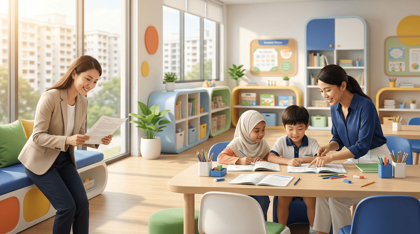Teacher helps two Asian children with homework in a bright Singapore center; mother smiles nearby.