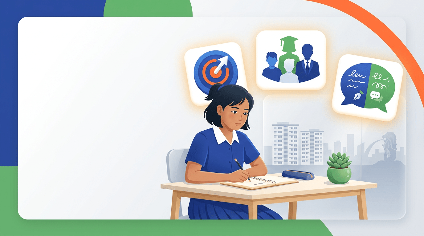Teen girl in royal blue uniform writing at desk with concept icons, Singapore skyline in background.