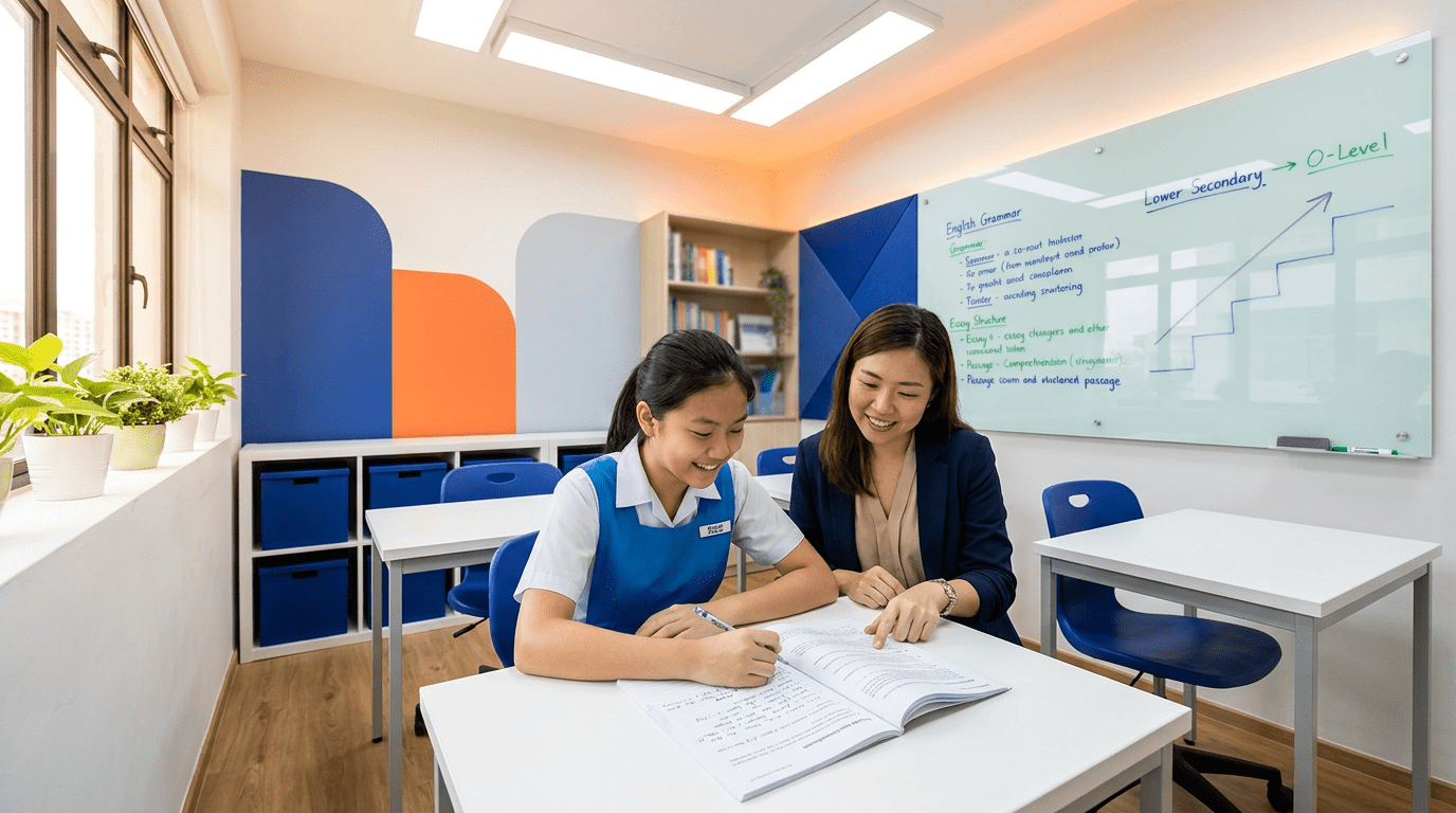 Teen student in Singapore classroom studies with tutor, bright, modern setting.